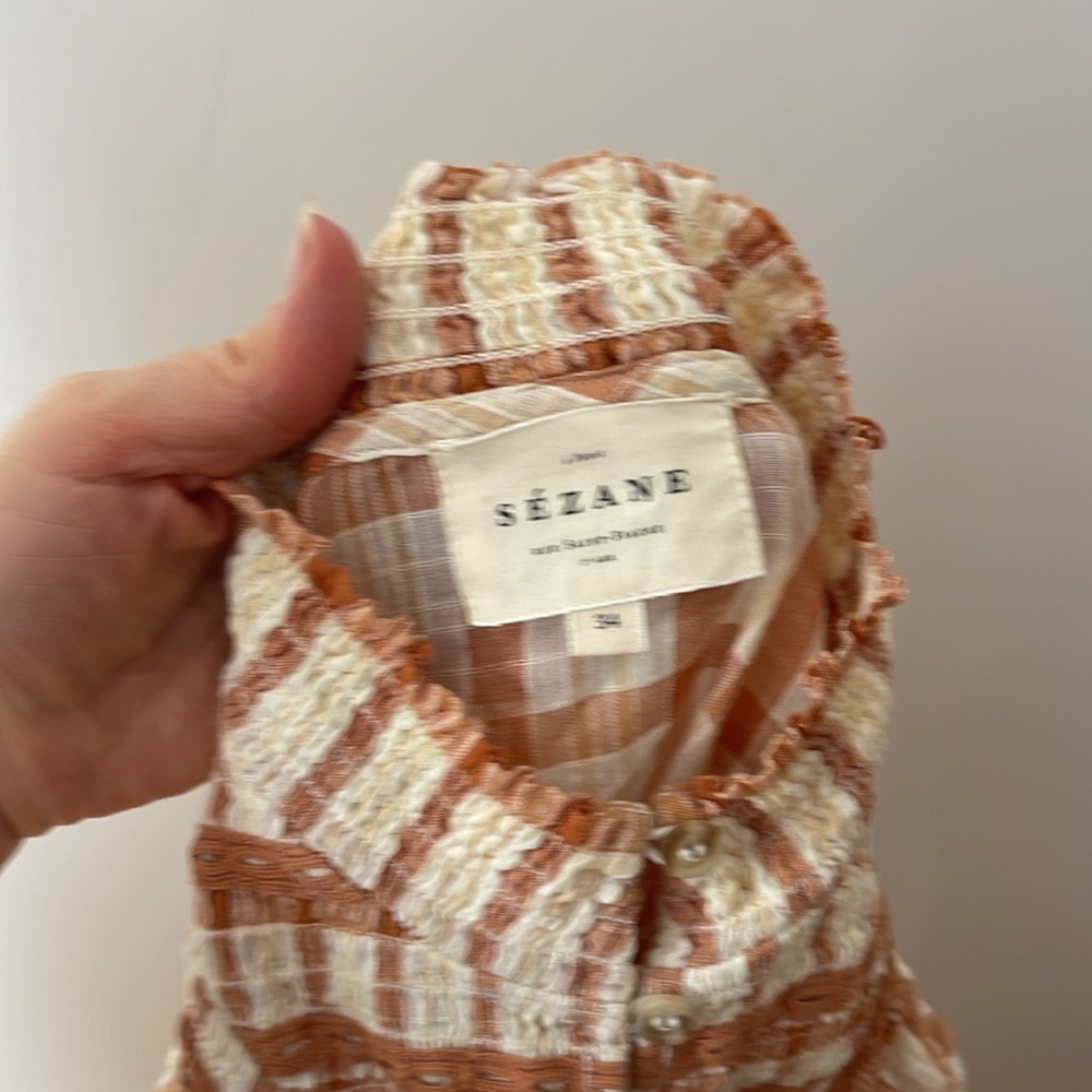 Sezane Marty rust & cream plaid blouse sz. 34 Victorian style gauzy boho - Picture 6 of 6